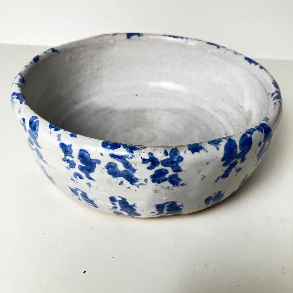 Bybee Pottery Serving Bowl 6.5in White Blue Sponge Glaze Vintage Stoneware